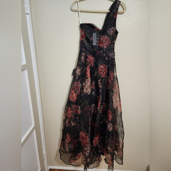 Lulus Truly Extraordinary Black Floral Organza One-Shoulder Maxi Dress S Wedding - Picture 9 of 11